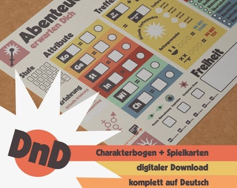 Può includere: Un foglio di personaggio colorato per un gioco di Dungeons and Dragons, con il titolo "Abenteuer erwarten Dich" (L'avventura ti aspetta) e il testo "Charakterbogen + Spielkarten digitaler Download komplett auf Deutsch" (Scheda personaggio + carte da gioco download digitale completo in tedesco).