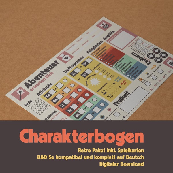 DnD Charakterbogen Deutsch optimiertes Retro Design. Kompatibel mit der 5. Edition von Dungeons & Dragons. Komplettpaket mit Spielkarten.