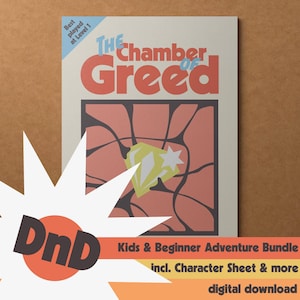 May include: A digital download for a Dungeons and Dragons adventure called "The Chamber of Greed". The cover art features a pink and black design with a yellow diamond in the center. The text "Kids & Beginner Adventure Bundle incl. Character Sheet & more" is displayed below the title.