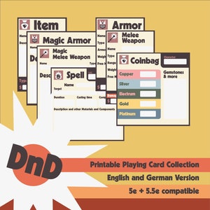 DnD Retro-speelkaartencollectie. Compatibel met de 5e editie van Dungeons & Dragons uit 2024. Formulier invulbaar en afdrukbaar.