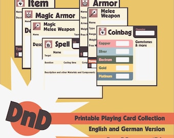 May include: A set of printable Dungeons and Dragons playing cards for 5e and 5.5e. The cards are colourfully illustrated and feature categories like Item, Armour, Spell, and Coinbag.