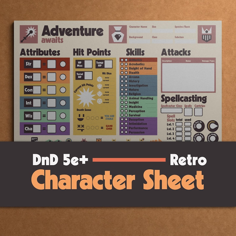DnD Character Sheet for Dungeons & Dragons 5e 2014 and 2024 edition, printable pdf files including playing cards. Beginner friendly design with innovative features for new players, experienced players and kids. In a very special and unique retro look.
