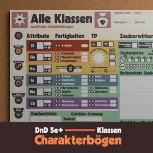 May include: A tabletop role-playing game character sheet printed on cream paper with a multi-colored layout. The header reads Alle Klassen spezifische Charakterbögen. Sections include Attribute, Fertigkeiten, TP, and Zauberwirken with various input boxes, checkboxes, and icons for tracking game statistics and character progression.