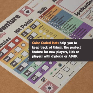 DnD Character Sheet for Dungeons & Dragons 5e 2014 and 2024 edition, printable pdf files including playing cards. Beginner friendly design with innovative features for new players, experienced players and kids. In a very special and unique retro look. Color Coded to help you keep track of things.