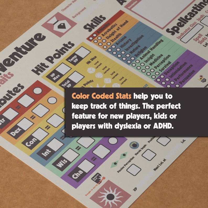 DnD Character Sheet for Dungeons & Dragons 5e 2014 and 2024 edition, printable pdf files including playing cards. Beginner friendly design with innovative features for new players, experienced players and kids. In a very special and unique retro look. Color Coded to help you keep track of things.