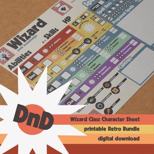 Scheda personaggio DnD Wizard, design retrò, compatibile con la quinta edizione di Dungeons & Dragons del 2024. Incl. carte da gioco + libro degli incantesimi + miniature