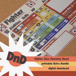 Scheda personaggio DnD Fighter, design retrò, compatibile con la quinta edizione di Dungeons & Dragons del 2024. Incl. carte da gioco