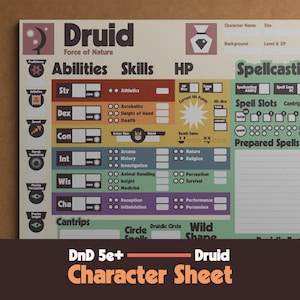 May include: A Druid character sheet for a tabletop role-playing game featuring a multi-colored layout with sections for abilities, skills, HP, and spellcasting. The sheet includes text labels such as Druid, Force of Nature, Abilities, Skills, HP, and Spellcasting, organized in a grid format with various icons and input boxes for game statistics.