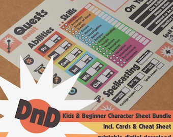 Puede incluir: Un paquete de hojas de personaje de Dungeons and Dragons imprimibles para niños y principiantes. La hoja presenta un diseño colorido con secciones para habilidades, destrezas, lanzamiento de conjuros y un rastreador de turnos. El texto "Quests await" está en la parte superior de la hoja.