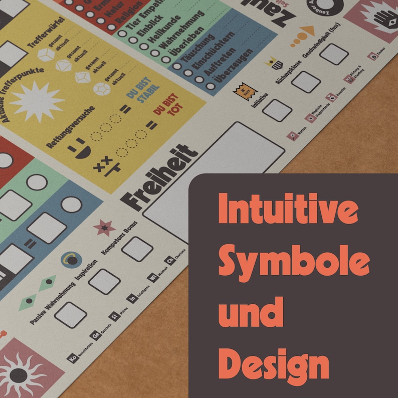 Pu&ograve; includere: Un tabellone da gioco colorato con simboli e testo in tedesco. Il tabellone presenta una variet&agrave; di icone, tra cui un sole, una stella, un cuore e una mano. Il testo sul tabellone include le parole "Freiheit" (libert&agrave;) e "Simboli intuitivi e design".