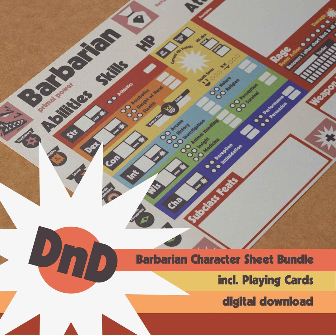 DnD バーバリアンキャラクターシート、レトロデザイン、2024年版ダンジョンズ＆ドラゴンズ第5版対応。トランプ付き - Etsy 日本
