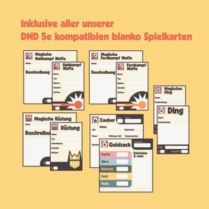 Pu&ograve; includere: Carte di gioco vuote stampabili compatibili con Dungeons and Dragons (D&D) 5a edizione. Le carte sono per oggetti magici, armi, armature, incantesimi e tesori. Le carte sono in stile retr&ograve; con uno schema di colori marrone e arancione.
