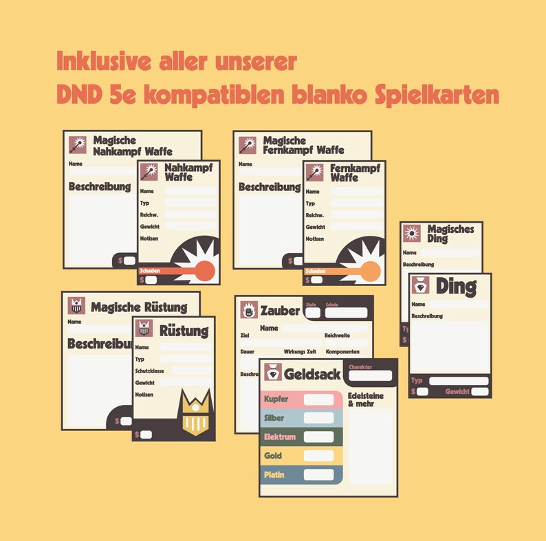 Pu&ograve; includere: Carte di gioco vuote stampabili compatibili con Dungeons and Dragons (D&D) 5a edizione. Le carte sono per oggetti magici, armi, armature, incantesimi e tesori. Le carte sono in stile retr&ograve; con uno schema di colori marrone e arancione.