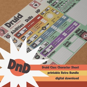 Op de afbeelding: Een printbaar Dungeons and Dragons-personageblad voor de Druïde-klasse. Het blad heeft een retro-ontwerp met kleurrijke secties voor vaardigheden, vaardigheden, spreuken en wilde vorm. De tekst "Druid Class Character Sheet" staat onderaan het blad gedrukt.