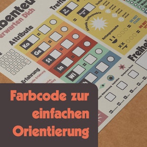 Pu&ograve; includere: Un tabellone da gioco colorato con una griglia di quadrati e cerchi. Il tabellone &egrave; etichettato con parole tedesche come "Attribute", "Erfahrung", "Ko", "Ge", "St", "In", "Wi", "Trefferpunkte", "Rettungsversuche", "Kompetenz Bonus" e "Freiheit". Il tabellone &egrave; progettato per un gioco di ruolo.