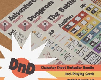 Op de afbeelding: Een digitaal downloadpakket voor Dungeons and Dragons-personagebladen. Het pakket bevat een set afdrukbare personagebladen met een retro-geïnspireerd ontwerp en een kaartspel. De tekst op de afbeelding luidt "Character Sheet Bestseller Bundle incl. Playing Cards digital download".