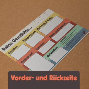 Pu&ograve; includere: Un foglio di lavoro stampabile colorato con il titolo "Deine Geschichte..." e sezioni per "Aussehen", "Kompetenzen", "Merkmale & Makel", "Hintergrund", "Sprachen", "Schatz und Eigentum", "Spickzettel" e "Verb&uuml;ndete".