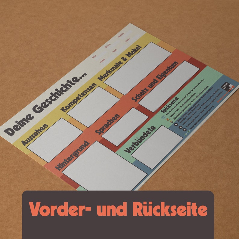 Pu&ograve; includere: Un foglio di lavoro stampabile colorato con il titolo "Deine Geschichte..." e sezioni per "Aussehen", "Kompetenzen", "Merkmale & Makel", "Hintergrund", "Sprachen", "Schatz und Eigentum", "Spickzettel" e "Verb&uuml;ndete".