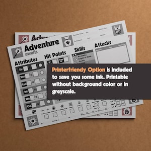 DnD Character Sheet for Dungeons & Dragons 5e 2014 and 2024 edition, printable pdf files including playing cards. Beginner friendly design with innovative features for new players, experienced players and kids. In a very special and unique retro look. Printable in greyscale or without background.