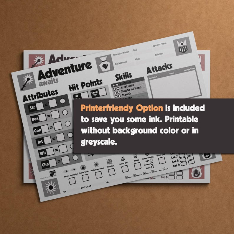 DnD Character Sheet for Dungeons & Dragons 5e 2014 and 2024 edition, printable pdf files including playing cards. Beginner friendly design with innovative features for new players, experienced players and kids. In a very special and unique retro look. Printable in greyscale or without background.
