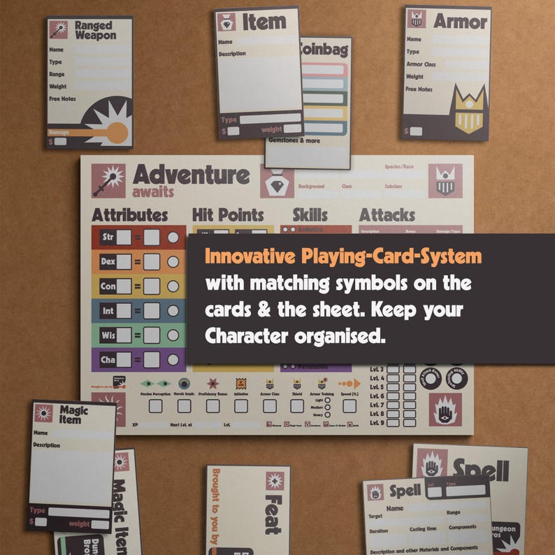 DnD Character Sheet for Dungeons & Dragons 5e 2014 and 2024 edition, printable pdf files including playing cards. Beginner friendly design with innovative features for new players, experienced players and kids. In a very special and unique retro look. Use the innovative Playing Card system to align the cards around your character sheet. This helps to keep the character organised and clean.
