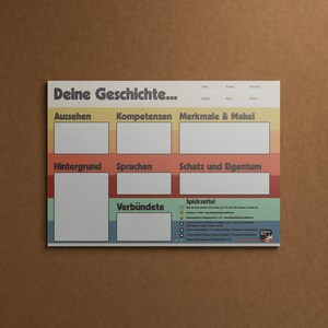 Pu&ograve; includere: Un foglio di lavoro stampabile con un design colorato, intitolato "Deine Geschichte..." con sezioni per "Aussehen", "Kompetenzen", "Merkmale & Makel", "Hintergrund", "Sprachen", "Schatz und Eigentum" e "Verb&uuml;ndete".