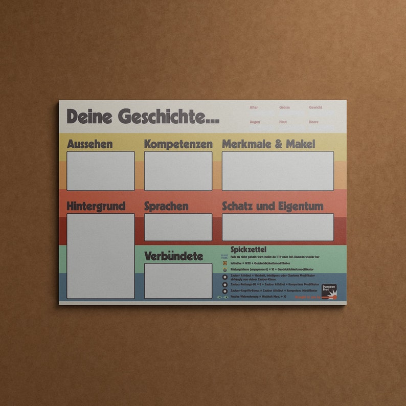Pu&ograve; includere: Un foglio di lavoro stampabile con un design colorato, intitolato "Deine Geschichte..." con sezioni per "Aussehen", "Kompetenzen", "Merkmale & Makel", "Hintergrund", "Sprachen", "Schatz und Eigentum" e "Verb&uuml;ndete".