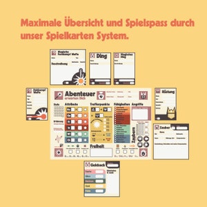 Pu&ograve; includere: Un set di schede di personaggio stampabili colorate per un gioco di ruolo da tavolo. Le schede includono sezioni per attributi, abilit&agrave;, attacchi, incantesimi e equipaggiamento. Le schede sono progettate per essere utilizzate con un mazzo di carte.
