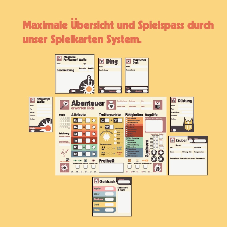 Pu&ograve; includere: Un set di schede di personaggio stampabili colorate per un gioco di ruolo da tavolo. Le schede includono sezioni per attributi, abilit&agrave;, attacchi, incantesimi e equipaggiamento. Le schede sono progettate per essere utilizzate con un mazzo di carte.
