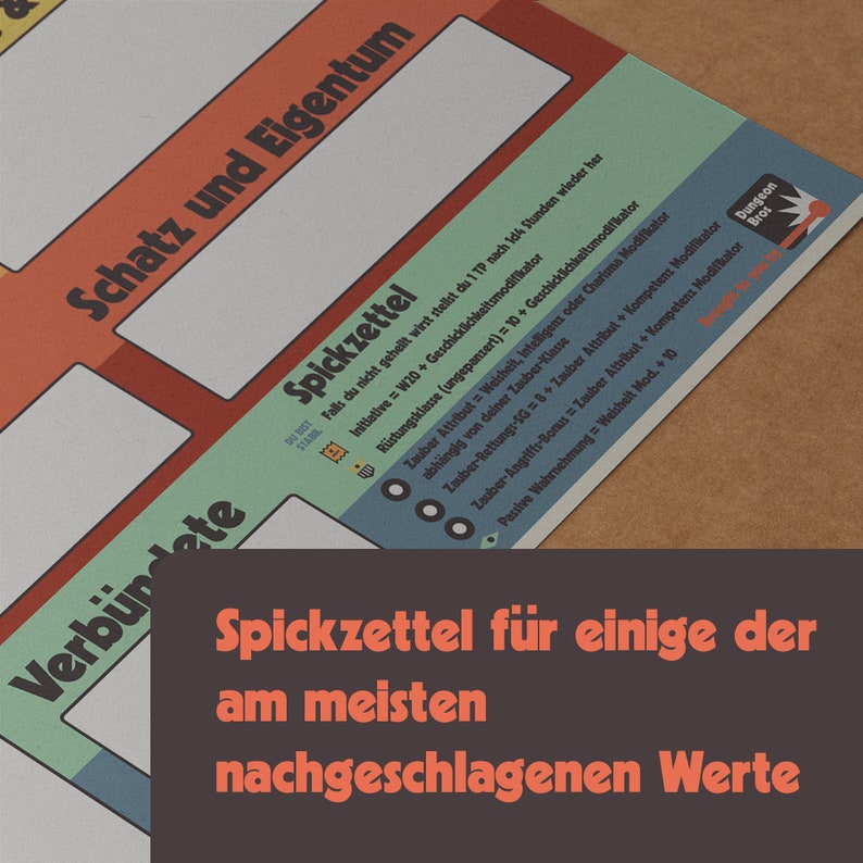 Pu&ograve; includere: Un foglio di trucchi stampabile a colori per un gioco di ruolo. Il foglio &egrave; intitolato "Spickzettel f&uuml;r einige der am meisten nachgeschlagenen Werte" e include informazioni su iniziativa, classe armatura, bonus attacco incantesimo, percezione passiva e tiri salvezza incantesimo.