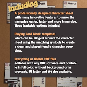 DnD Character Sheet for Dungeons & Dragons 5e 2014 and 2024 edition, printable pdf files including playing cards. Beginner friendly design with innovative features for new players, experienced players and kids. In a very special and unique retro look. Overview of content.