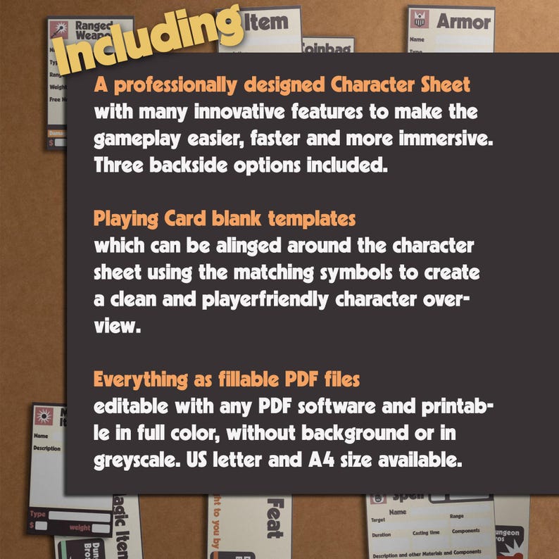 DnD Character Sheet for Dungeons & Dragons 5e 2014 and 2024 edition, printable pdf files including playing cards. Beginner friendly design with innovative features for new players, experienced players and kids. In a very special and unique retro look. Overview of content.