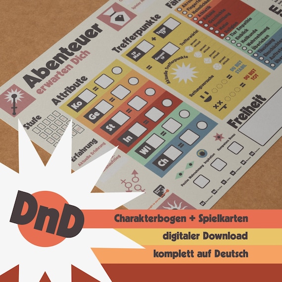DnD Charakterbogen Deutsch optimiertes Retro Design. Kompatibel mit der 5. Edition von Dungeons & Dragons. Komplettpaket mit Spielkarten.