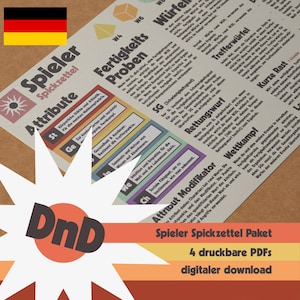 Könnte beinhalten: Ein Satz druckbarer Dungeons and Dragons (D&D) Charakterbögen auf Deutsch. Die Bögen enthalten Abschnitte für Attribute, Fertigkeiten und Fähigkeiten. Das Bild enthält auch eine deutsche Flagge und den Text "Spieler Spickzettel Paket 4 druckbare PDFs digitaler download".