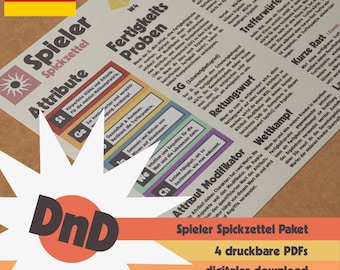 DnD Spieler Spickzettel Paket - Diseño retro optimizado - Anfänger Hilfe für 2024 u. 2014 5e Calabozos y Dragones - Alemán e Inglés