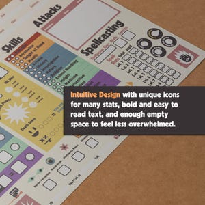 DnD Character Sheet for Dungeons & Dragons 5e 2014 and 2024 edition, printable pdf files including playing cards. Beginner friendly design with innovative features for new players, experienced players and kids. In a very special and unique retro look. Intuitive Design with many icons for many stats and a bold, easy to read font.