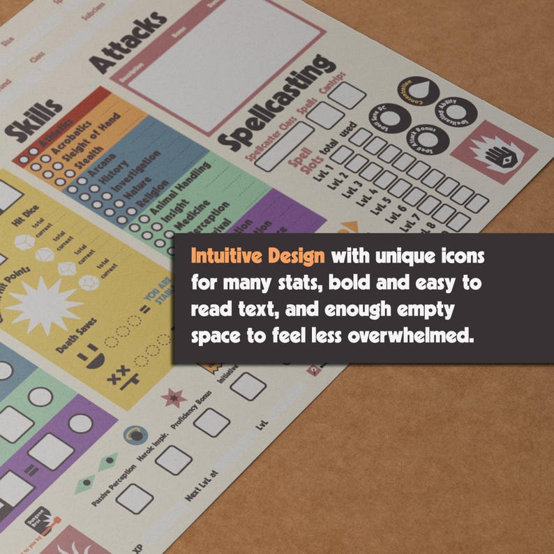 DnD Character Sheet for Dungeons & Dragons 5e 2014 and 2024 edition, printable pdf files including playing cards. Beginner friendly design with innovative features for new players, experienced players and kids. In a very special and unique retro look. Intuitive Design with many icons for many stats and a bold, easy to read font.