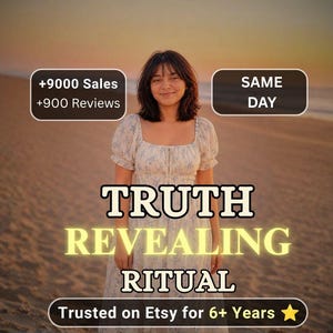 May include: A light-colored dress with a blue floral pattern, featuring short puff sleeves and a square neckline. Text overlays include +9000 Sales, +900 Reviews, SAME DAY, TRUTH REVEALING RITUAL, and Trusted on Etsy for 6+ Years with a star icon.
