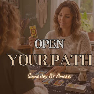May include: A woman holding a tarot card with a wheel design, with the text "OPEN YOUR PATH" and "Same day BY Amara". The scene includes candles, a small vase, and other tarot cards on a table.