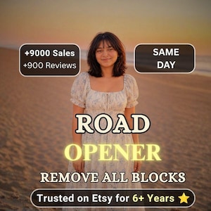 May include: A person wearing a light-colored dress with a blue floral pattern. Text overlays include +9000 Sales, +900 Reviews, SAME DAY, ROAD OPENER, REMOVE ALL BLOCKS, and Trusted on Etsy for 6+ Years with a yellow star icon against a beach background.