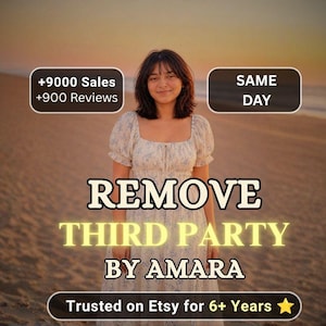May include: A white midi dress with a blue floral pattern, featuring short puff sleeves and a square neckline. Text overlays include +9000 Sales, +900 Reviews, SAME DAY, REMOVE THIRD PARTY BY AMARA, and Trusted on Etsy for 6+ Years with a star icon.