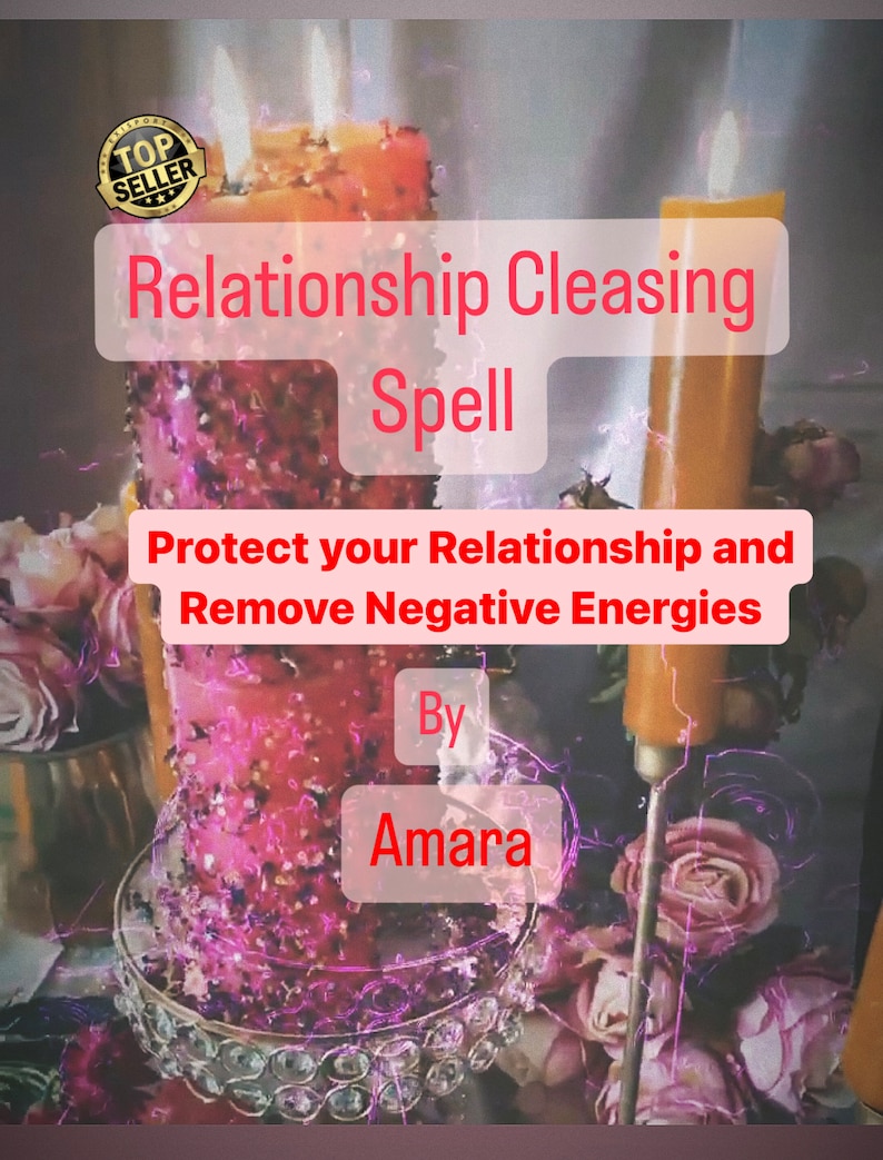 May include: A pink and orange candle with a gold top and a label that reads "Relationship Cleansing Spell Protect your Relationship and Remove Negative Energies By Amara". The candle is on a silver tray with a floral design.