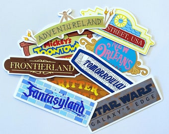 Disneyland LANDS Sticker 9 PACK Disney Parks Disney World Vinyl Sticker Bright Colors MULTIPACK Tomorrowland Fantasyland Frontierland Disney