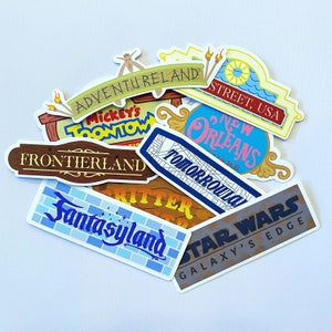 Disneyland LANDS Sticker 9 PACK Disney Parks Disney World Vinyl Sticker Bright Colors MULTIPACK Tomorrowland Fantasyland Frontierland Disney