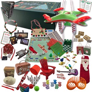 May include: A Christmas advent calendar box set containing a variety of miniature items including a board game, a red chair, a guitar, a sled, a drone, a string of lights, small gift bags, a Rubik's cube, bowling pins, and various decorative holiday accessories.