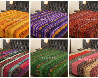 Indian Patchwork Quilt Patola Silk Kantha Quit Queen Bedspread Quilt Coverlet Saree Bedspread Throw Vintage Handmade Quilt Blanket