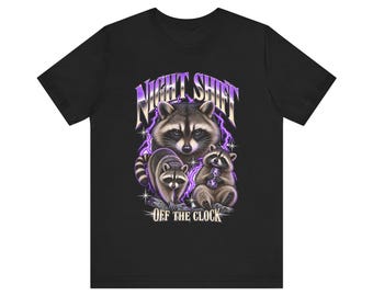 Night Shift Raccoon Shirt, 90s Bootleg Graphic Tee, Purple Lightning Animal T-Shirt, Funny Gift for Night OwlsRetro Tee