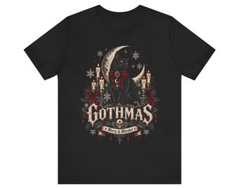 Gothmas Black Cat Shirt, Gothic Christmas Tee, Merry & Macabre T-Shirt, Dark Holiday Cat Shirt, Vintage Goth Xmas Tee