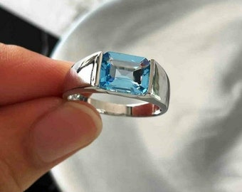 Natural blue topaz ring/ men ring/ 925 sterling siver ring/London blue topaz ring/ swiss blue topaz ring/gift for him./birthstone ring.