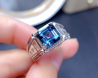 Natural blue topaz ring / 9k,14k,18, solid gold ring for men,/ 925 sterling siver ring/London blue topaz ring/gift for him./birthstone ring.